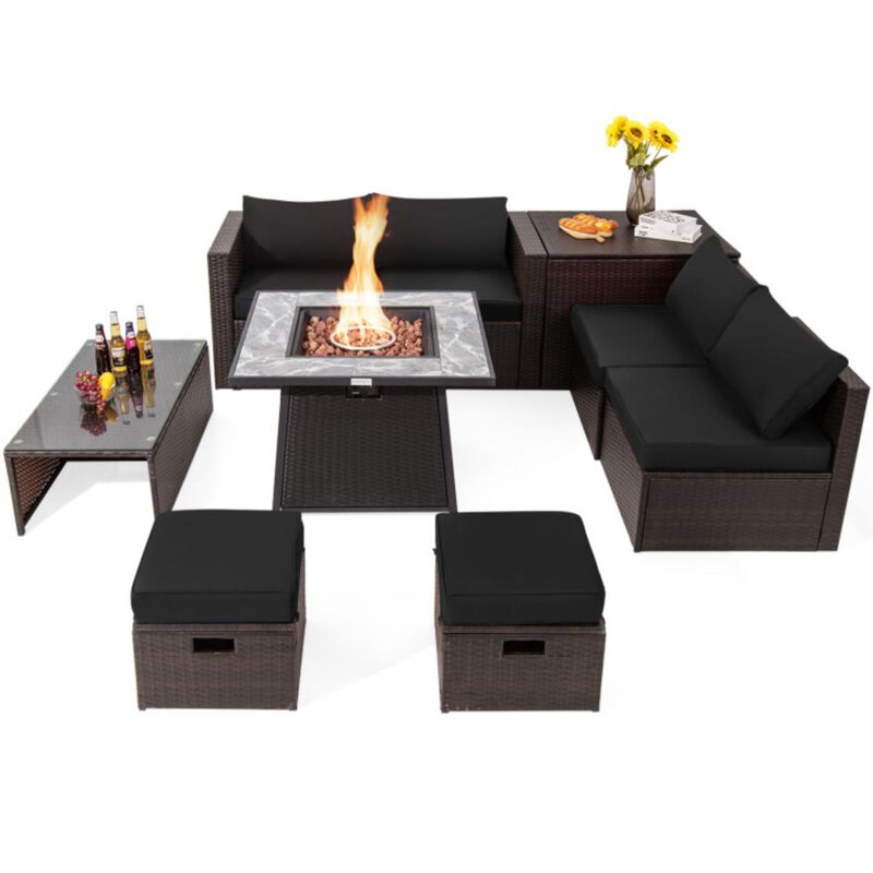 Hivvago 9 Pieces Patio PE Wicker Sectional Set with 50000 BTU Fire Pit Table