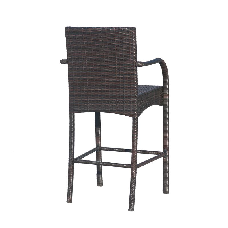 Outdoor Barstool Chair Set of 2, Gray Woven Faux Rattan, Iron Frame - Benzara