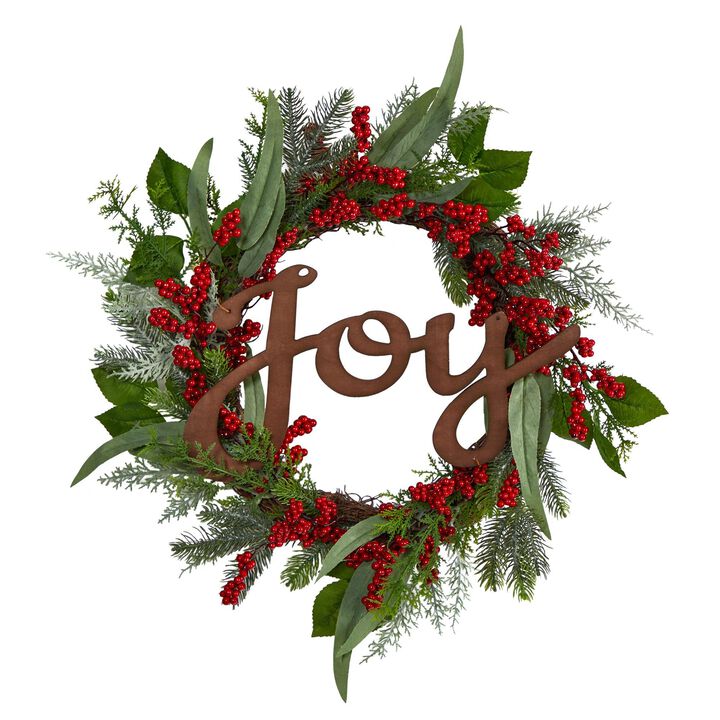 Nearly Natural 24-in Joy and Berries Artificial Christmas Wreath