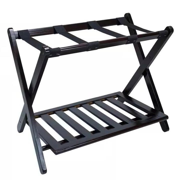 Heavy Duty Solid Wood Luggage Rack with Bottom Storage Shelf