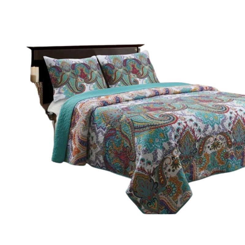 Hivvago Full / Queen Teal Paisley 3-Piece Quilt Set in 100-Percent Cotton