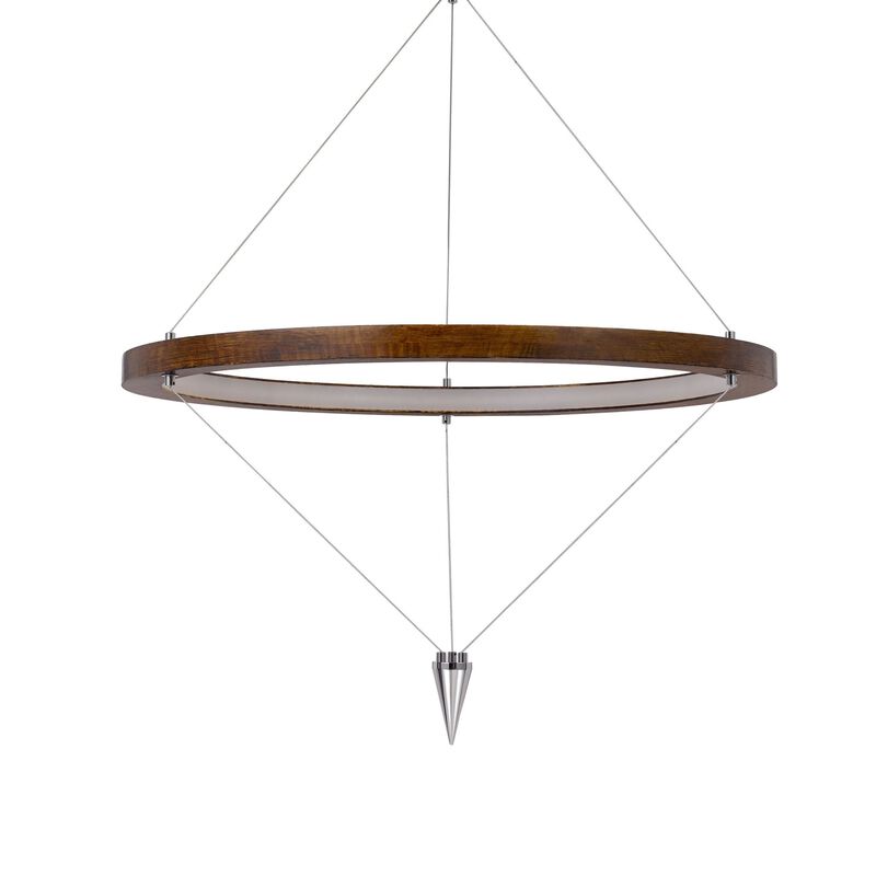 Erbo 11 Inch Pendant Light Fixture, Dimmable LED, Pine Wood and Chrome - Benzara