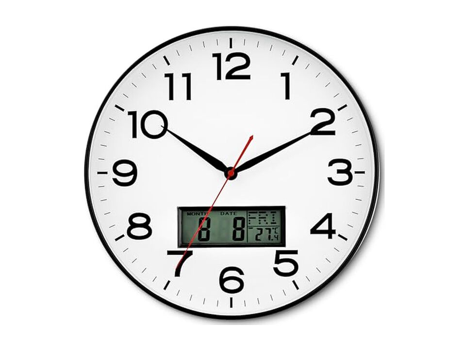 LCD Display Perpetual Calendar Temperature Wall Clock 12 Inch Silent Non Ticking
