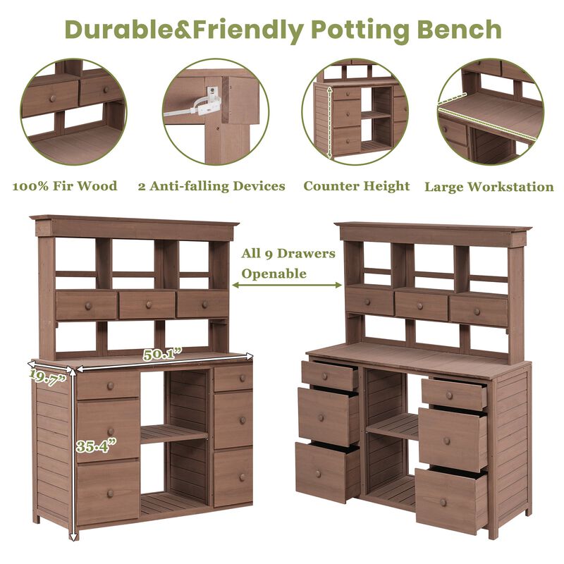 Potting Bench with Multiple Drawers & Shelves, Adjustable Shelf & Anti-Falling Device