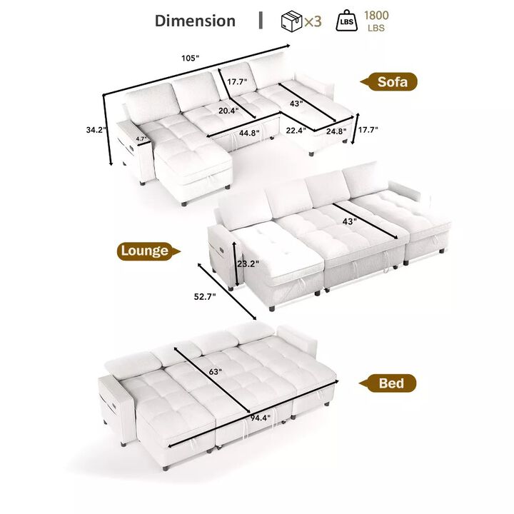 105" U-Shaped Sleeper Sofa Bed, Chenille Pull Out Couch with Reversible Storage Chaise, 5-Position