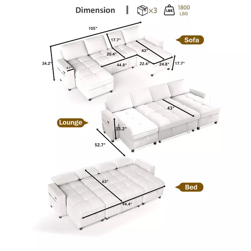 105" U-Shaped Sleeper Sofa Bed, Chenille Pull Out Couch with Reversible Storage Chaise, 5-Position image number 1