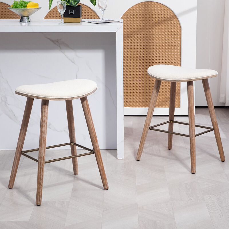 Glamour Home Set of 2 Beatriz Beige Woven Fabric Counter Stool with Wood Legs