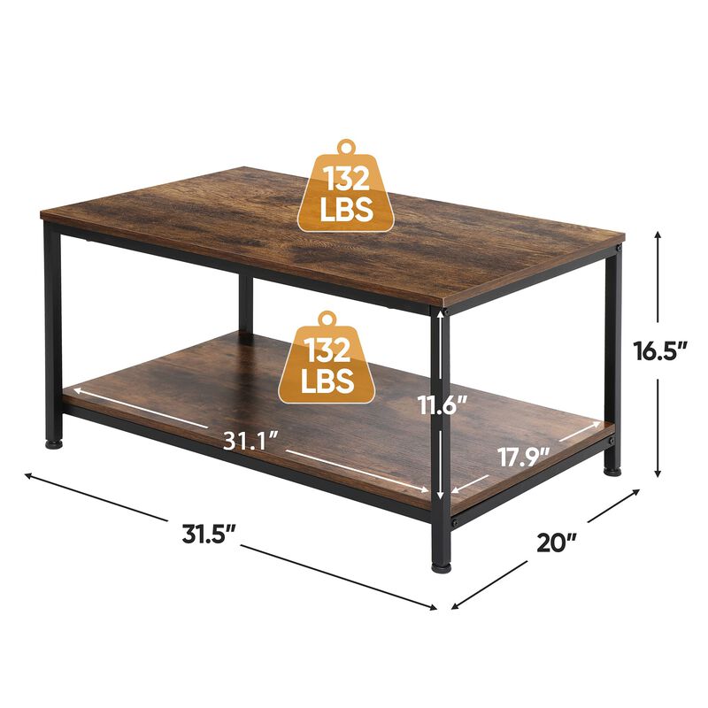 SUPER DEAL 2-Tier Industrial Coffee Table with Storage Shelf for Small Apartment Living Room, Rectangle Wood and Stable Metal TV