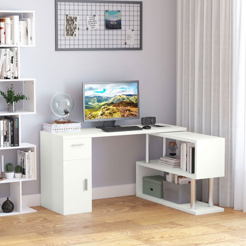 L-Shaped Rotating Computer Desk Home Office Study Workstation with Storage Shelves, Cabinet and Drawer for Home & Office, White
