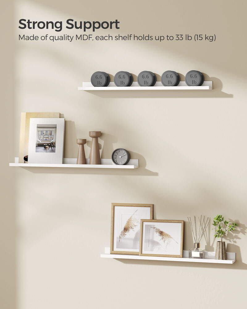 3-Piece Set Floating Wall Shelves - Long Picture Shelving Ledge in White MDF