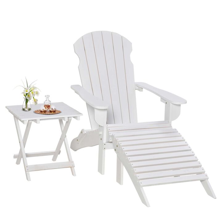 Outsunny 3-Piece Folding Adirondack Chair with Ottoman and Side Table, Outdoor Wooden Fire Pit Chairs w/ High-back, Wide Armrests for Patio, Backyard, Garden, Lawn Furniture, White