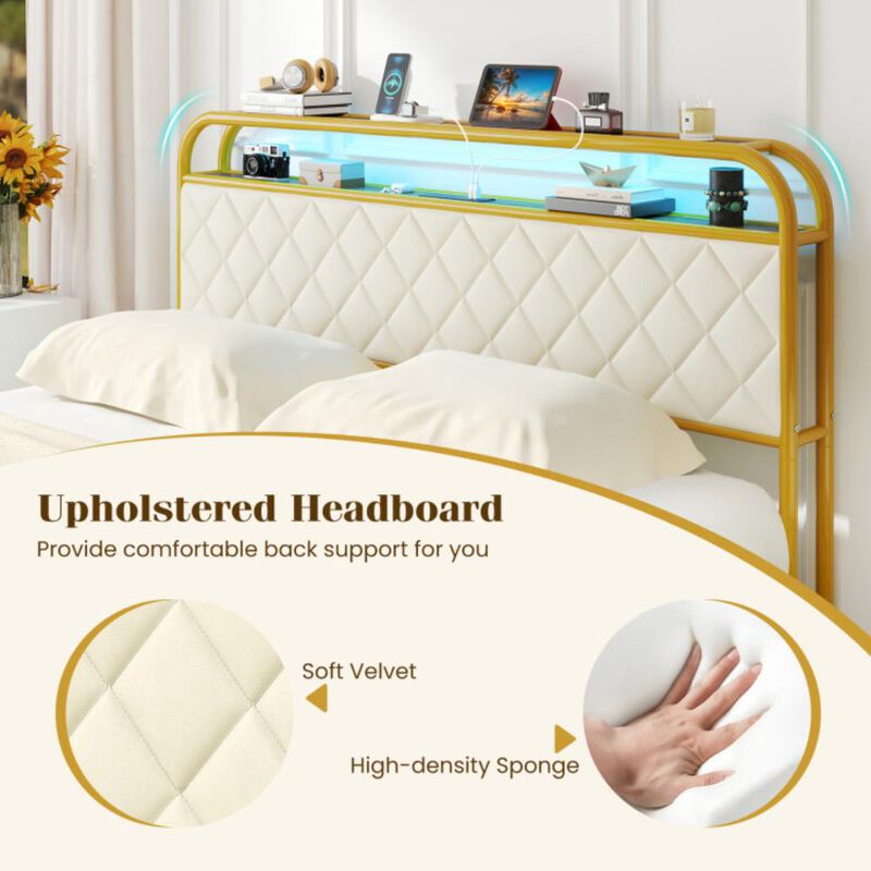 Hivvago Queen Size Bed Frame with LED Lights and Charging Station Gold