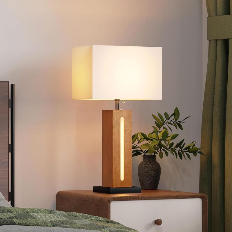 ELEMENT ACE Set of 2 Modern Dimmable Bedside Table Lamps with LED Nightlight, Rustic Farmhouse Nightstand Lamps with Linen Shades for Bedroom Living Room End Table image number 6
