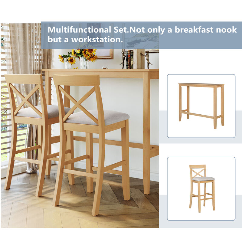 Merax Rectangular Wood Bar Height Dining Set Kitchen Breakfast Nook with 2 Chairs for Small Places