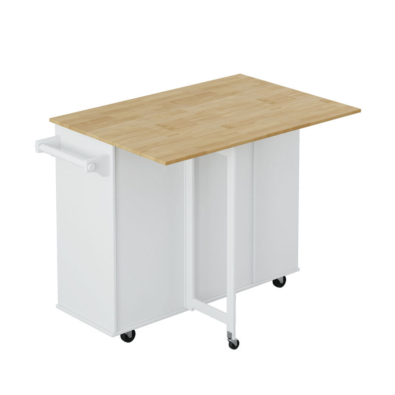 Multi Functional Kitchen Island Cart with 2 Door Cabinet and Two Drawers, Spice Rack, Towel Holder, Wine Rack, and Foldable Rubberwood Table Top (White)