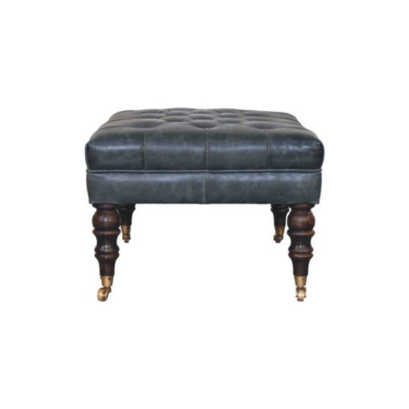 Artisan Furniture Solid Wood Leather Ottoman with Castor Legs