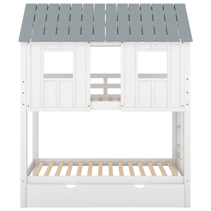 Whisen Twin Size House Bunk Bed with Trundle, Pine Wood, for Kids Teens Bedroom