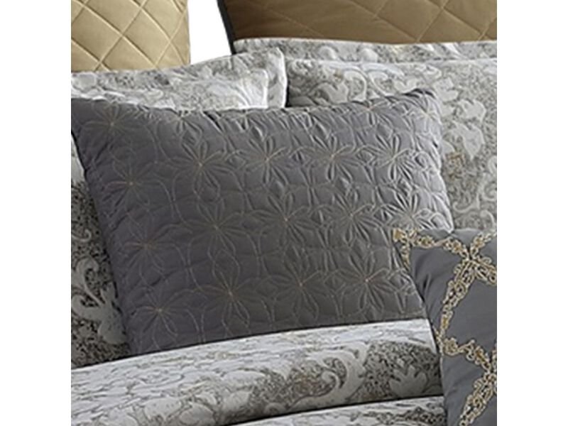 8 Piece Queen Polyester Comforter Set with Medallion Print, Gray and Gold - Benzara