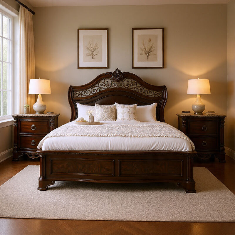 Queen Bedroom Set in Brown Cherry & Gold Wood &ndash; 3 Piece Set with 2 Nightstands image number 1