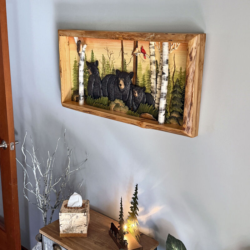 Rustic Bear Family in Woods Intarsia Wood Wall Sculpture 35.5x18 Indoor image number 6