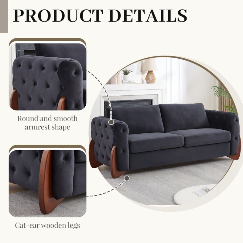 Rodcaf Mid‑Century Modern Button Tufted Velvet 3‑Seat Sofa image number 2