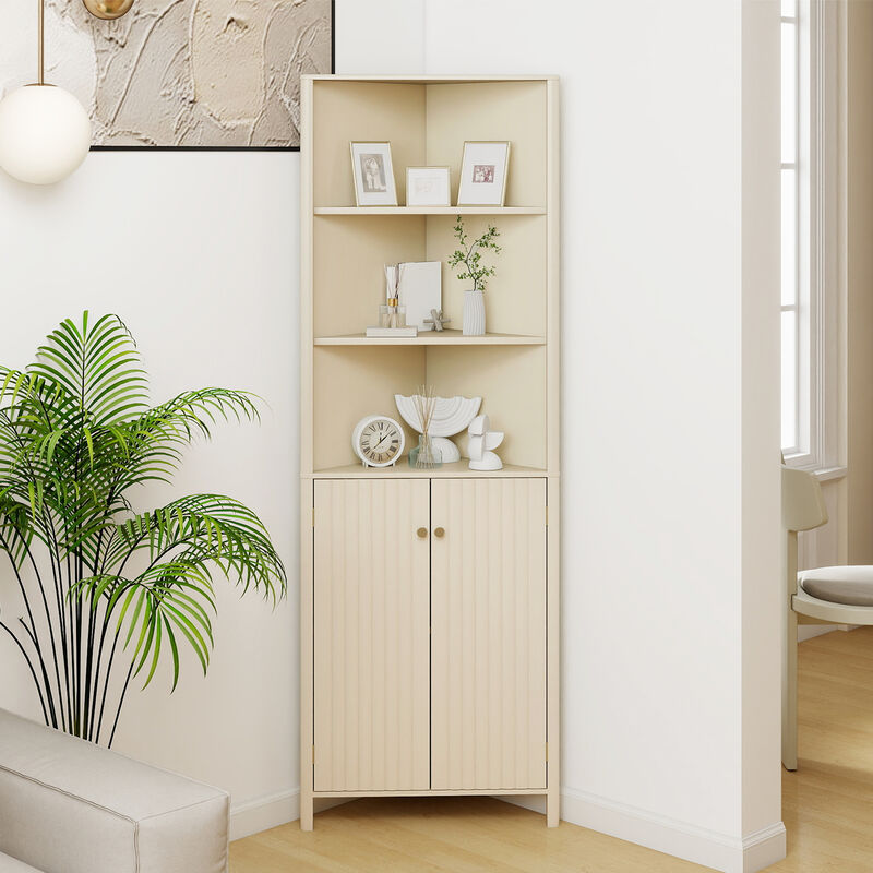 5-Shelf Tall Corner Cabinet with 2 Fluted Doors for Bathroom Organization-Beige image number 3