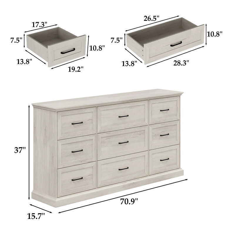 FUFU&GAGA 9-Drawer Dresser, Large Wooden Storage Chest with Black Metal Handles, for Bedroom & Living Room,(70.9" W x 37" H x 15.7" D),Rustic White