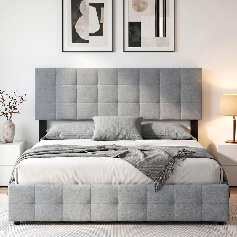 Queen and Full Size Quilted Grid Headboard with Upholstered Linen Fabric image number 6