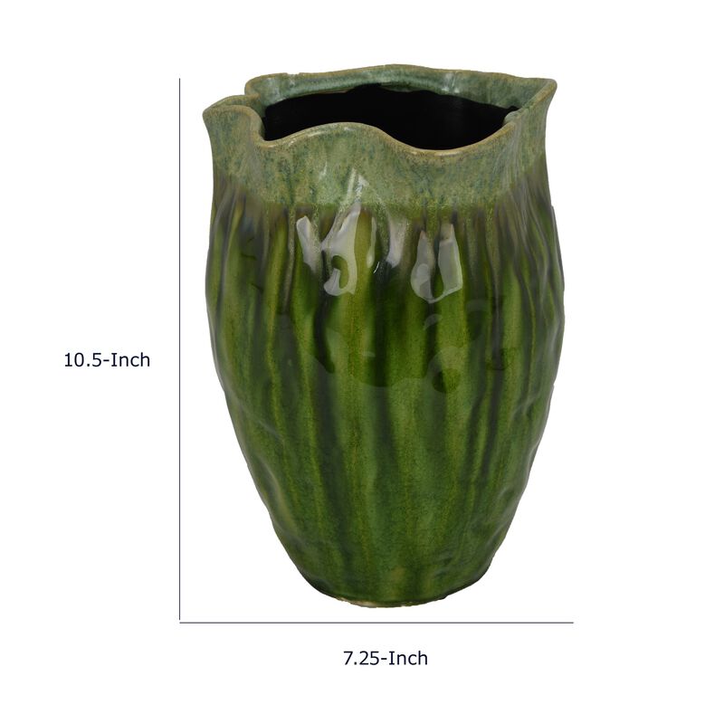 Ashly Decorative Planter with Scalloped Rim, Green Textured Ceramic 11 Inch image number 7