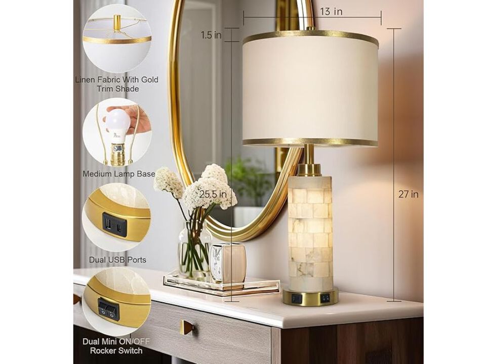 Natural Alabaster Table Lamps – Set of 2, USB A+C, Nightlight, Linen Shade