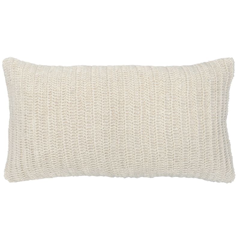 Rectangular Fabric Throw Pillow with Hand Knitted Details, White - Benzara