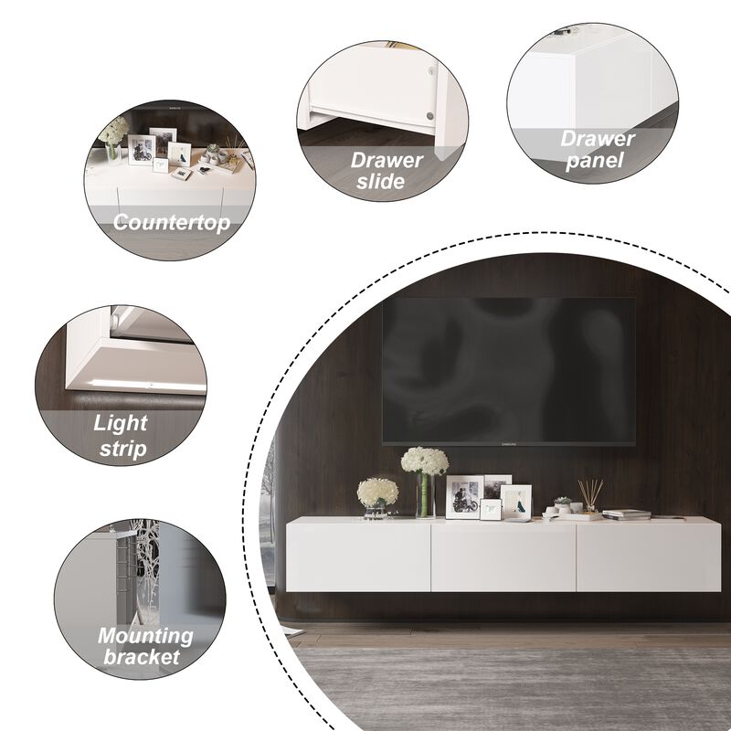 FUFU&GAGA Modern Floating TV Stand with 3 Spacious Drawers, (63" W x 13.8" D x 9.8" H),White