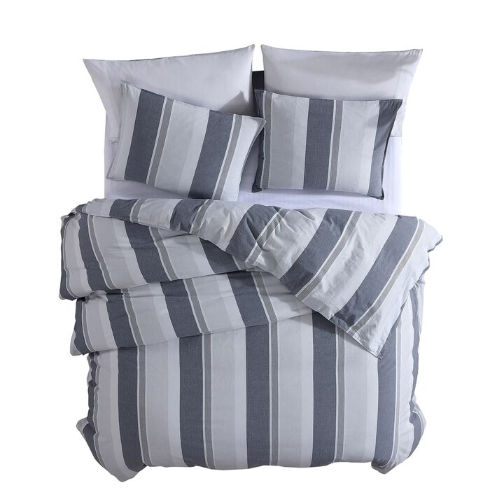 3 Piece Queen Comforter Set with Broad Stripes, Gray-Benzara