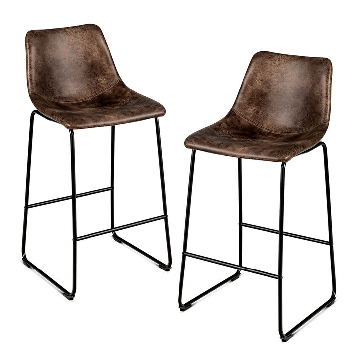 Set of 2 Bar Stool Faux Suede Upholstered Chairs-Brown