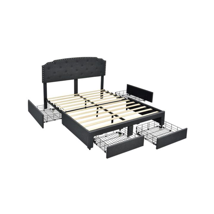 Hivvago Upholstered Bed Frame with 4 Storage Drawers and Adjustable Button-Tufte