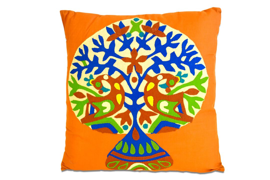 HomeRoots Set of Two 16" Orange And Blue Patchwork Tree Cotton Throw Pillows with Applique And Embroidery