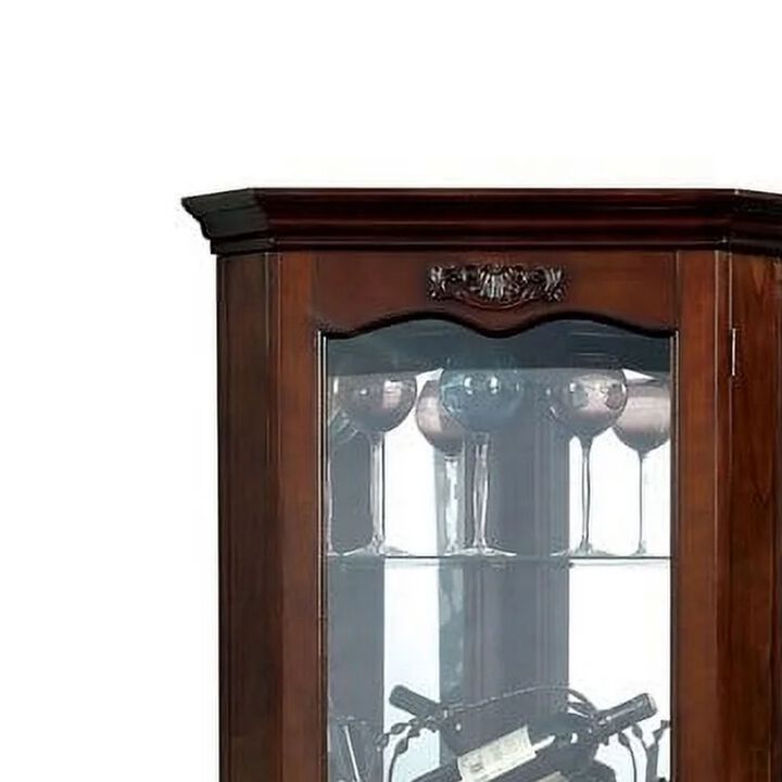 72 Inch Corner Curio Cabinet, 5 Shelves, Tempered Glass Door, Brown Wood - Benzara