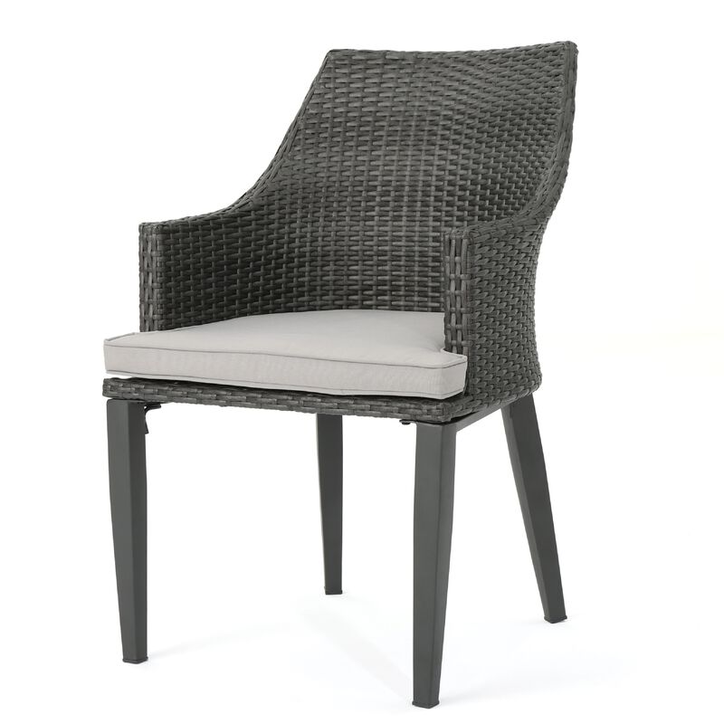 Ellish Outdoor Dining Armchair Set of 2, Gray Faux Wicker, Metal Frame