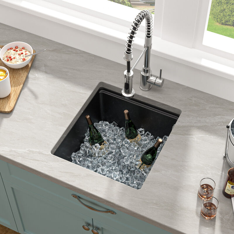 17 in. Undermount Single Bowl Workstation Black Quartz Composite Kitchen Sink Round Corner with Bottom Grid. image number 3