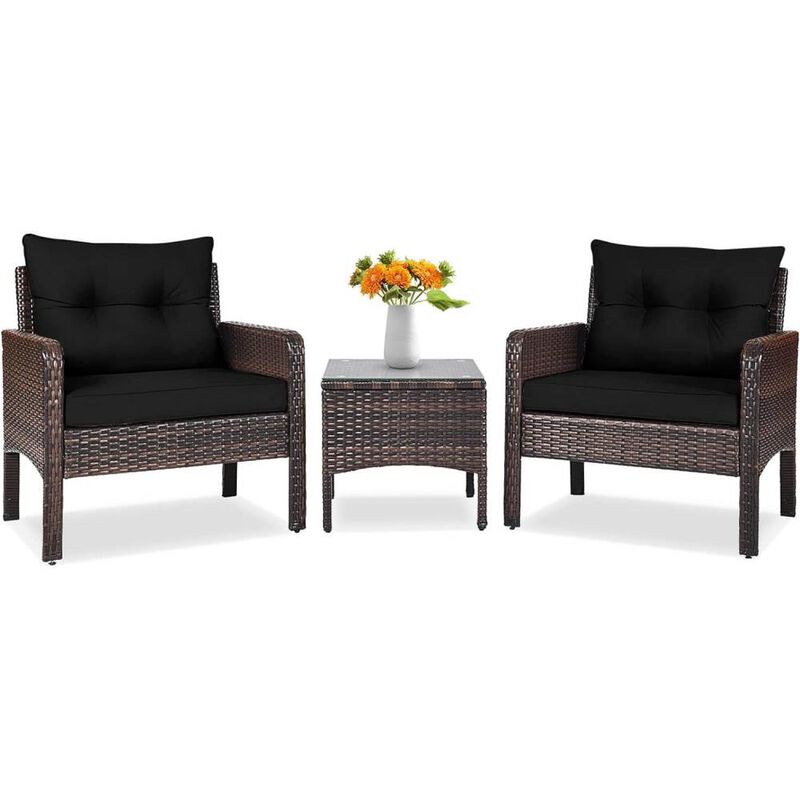 Hivvago 3-Piece Brown PE Rattan Outdoor Dining Patio Furniture Set with Black Cushions