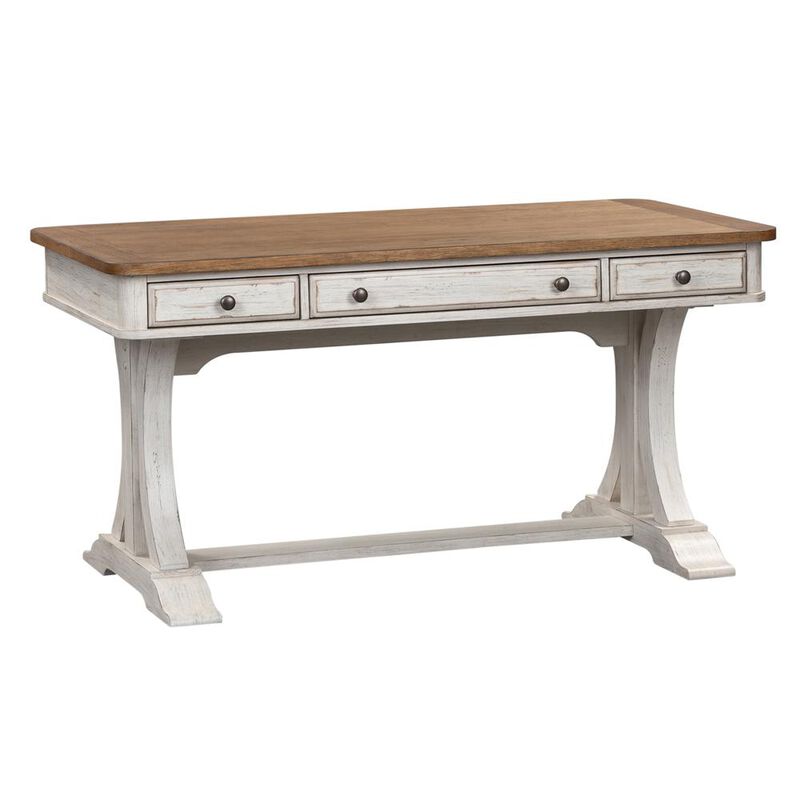 Liberty Furniture Farmhouse Reimagined Writing Desk with 3 Drawers, Trestle Base, Antique White & Chestnut Two-Tone Finish image number 0