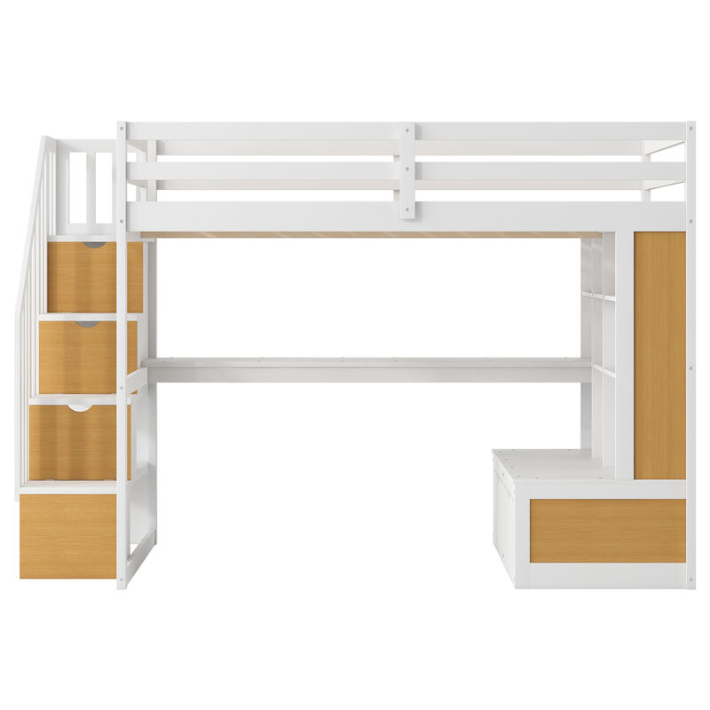 Whisen Full Size Loft Bed with Desk and Shelves, Two Built-in Drawers, Storage Staircase-Natural and White