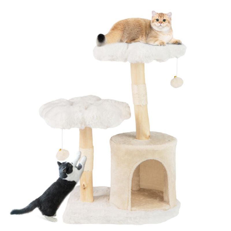 Hivvago Cute Solid Wood Cat Tree Natural Branch Modern Flower Cat Tower with Sisal Scratching Posts