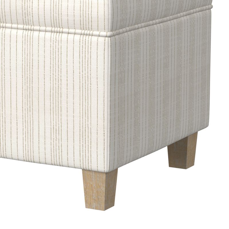 Pyp Square Storage Ottoman, 18 Inch Ivory Pinstripe Fabric, Brown Legs - Benzara