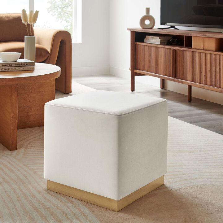 Modway Tilden 17 Inch Square Performance Velvet Upholstered Ottoman in Alabaster Natural - Small Ottoman Foot Rest with Rubberwood Plinth Base - Living Room Ottoman Side Table,