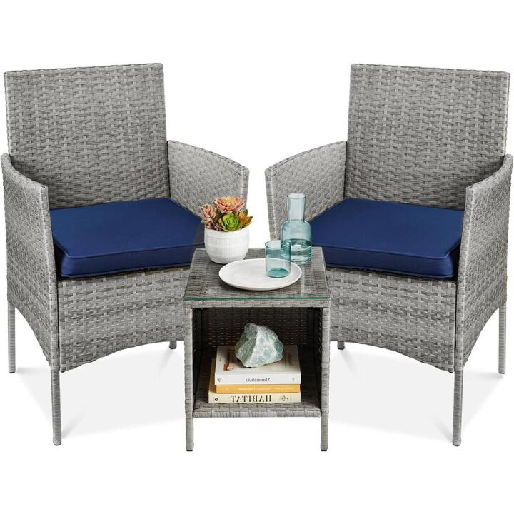 Hivvago 3-Piece Grey PE Wicker Outdoor Patio Furniture Dining Set w/ Navy Blue Cushions