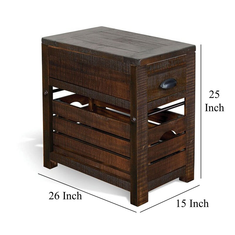 Flint Accent Chairside Table, 1 Drawer, Crate, 26 Inch Dark Brown Wood