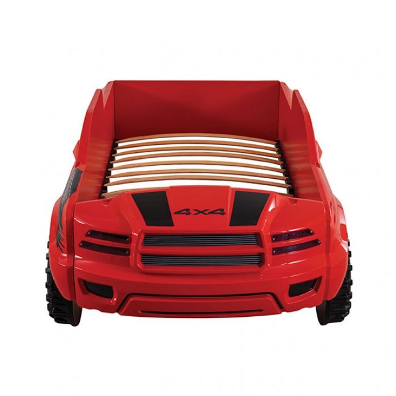 Tonie Truck Twin Bed, Interactive Lights and Sound Effects, Red ABS - Benzara