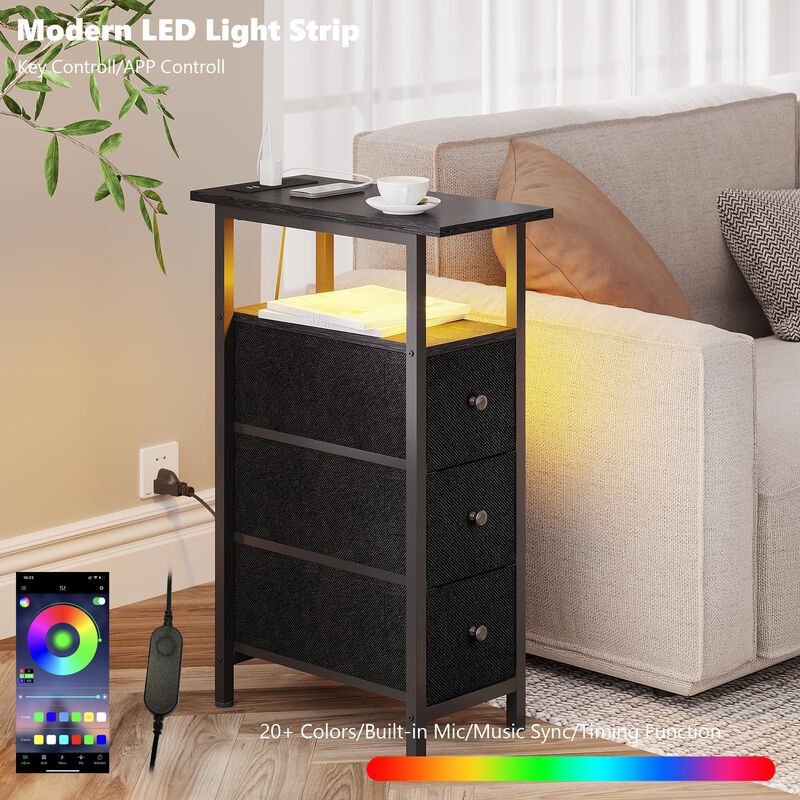 TRIFEBLE End Table with Charging Station, Narrow Side Table with 3 Fabric Drawers, Skinny Nightstand with LED Light, Slim Bedsid