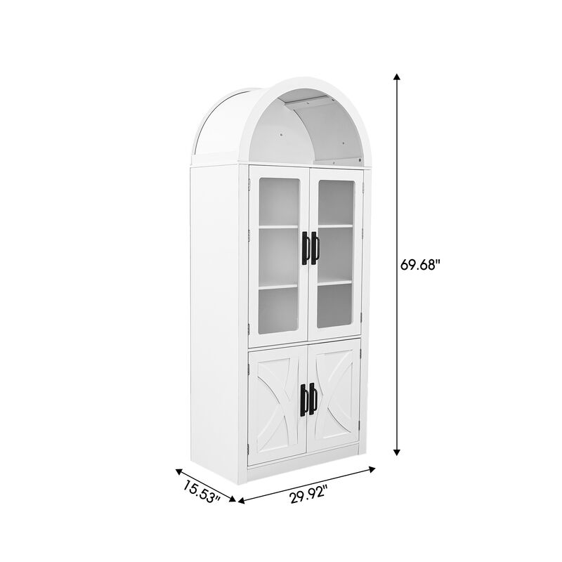 70" Tall Arched Modern White Wooden Pantry Storage Cabinet with Adjustable Shelves for Dining Room, Living Room, Kitchen image number 6